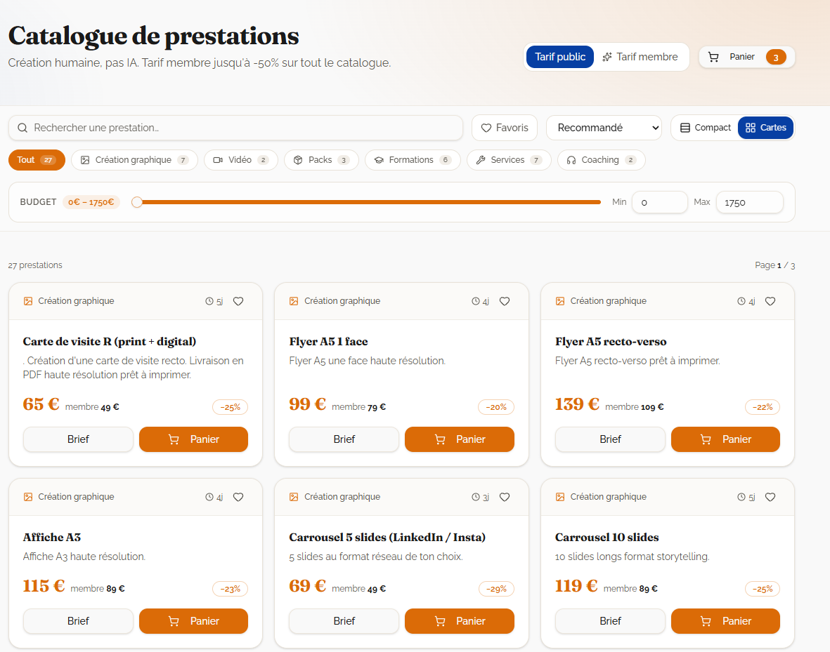 Aperçu du catalogue de prestations du Club ABC avec filtres, catégories et tarifs membres